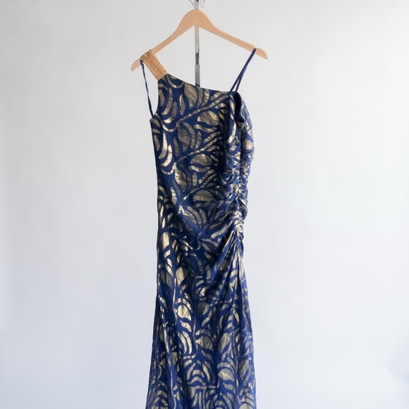 AIDON MATTOX One Shoulder Blue and Gold Dress​ - Picture 4 of 16